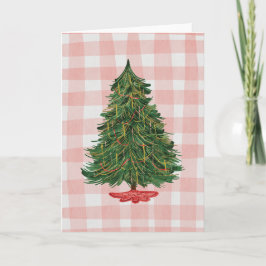 Moderne Waterverf Kerstboom Roze Gingham Kaart
