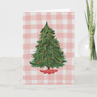 Moderne Waterverf Kerstboom Roze Gingham Kaart