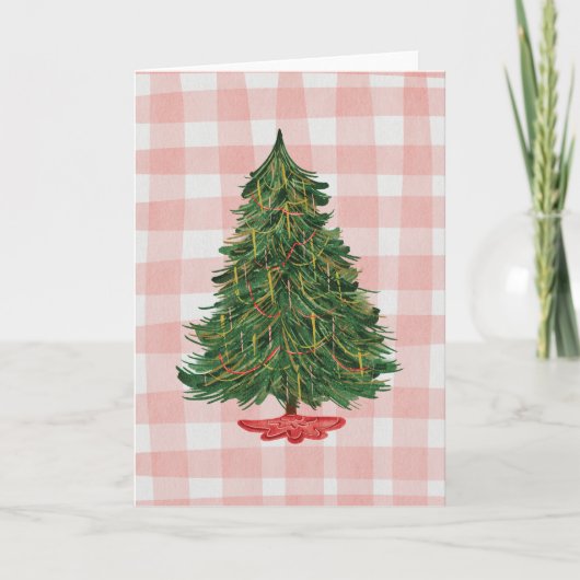Moderne Waterverf Kerstboom Roze Gingham Kaart (Voorkant)