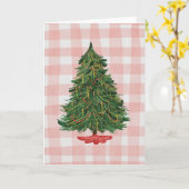 Moderne Waterverf Kerstboom Roze Gingham Kaart (Gele Bloem)