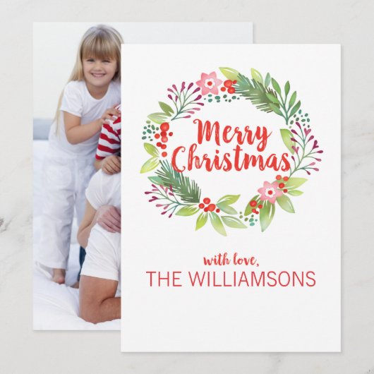 Moderne Waterverf Kerstkrans Foto Feestdagenkaart (Voorkant / Achterkant)
