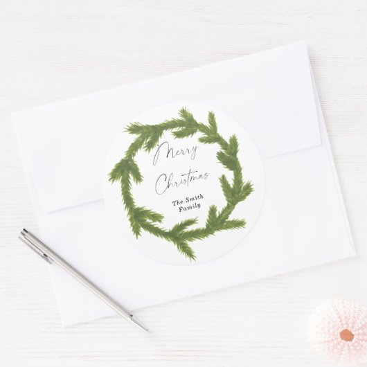 Moderne waterverf kerstkrans ronde sticker (Envelop)