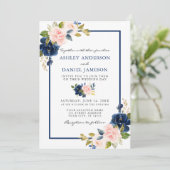 Moderne Waterverf Klassieke blauwe roze Floral bru Kaart (Staand voorkant)