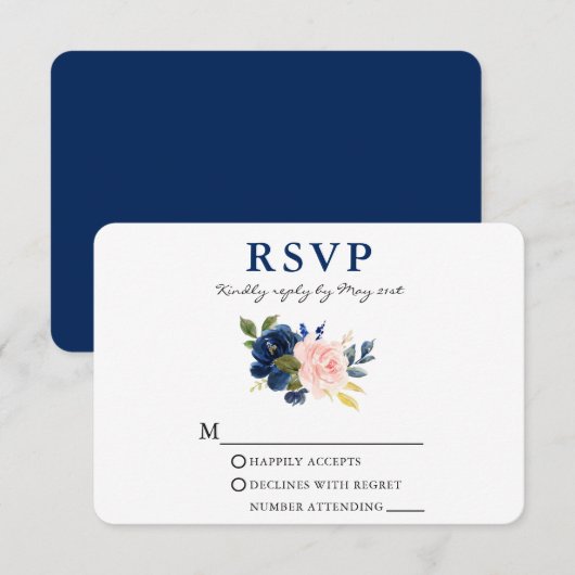 Moderne Waterverf Klassieke blauwe roze Floral bru RSVP Kaartje (Voorkant / Achterkant)