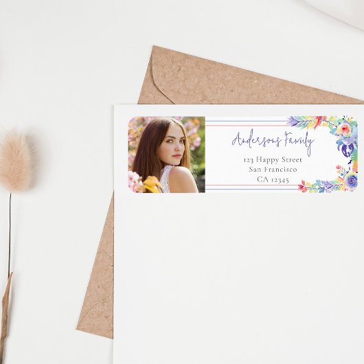 Moderne Waterverf Kleurrijke Bloemen Foto Afstuder Etiket