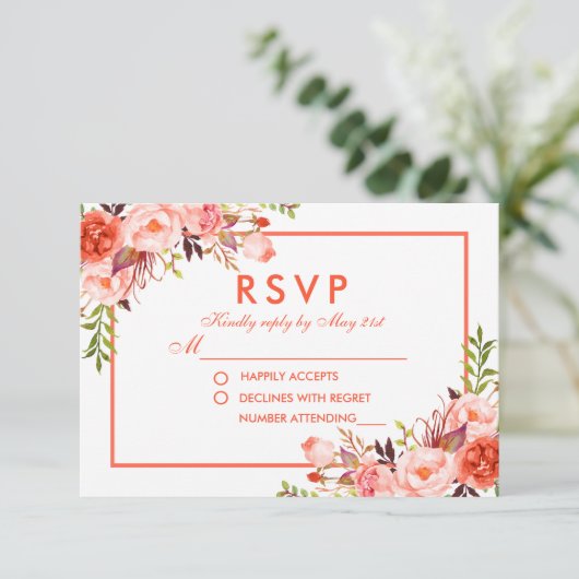Moderne Waterverf Koraal Bloemen RSVP Bruiloft (Staand voorkant)