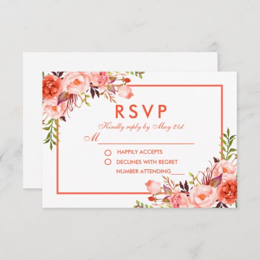 Moderne Waterverf Koraal Bloemen RSVP Bruiloft (Voorkant / Achterkant)