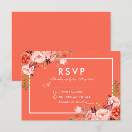 Moderne Waterverf Koraal Bloemen Wit RSVP Bruiloft Kaartje (Voorkant / Achterkant)