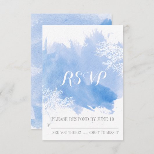 Moderne waterverf koraalrif blauw bruiloft RSVP (Voorkant / Achterkant)