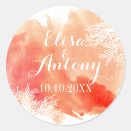 Moderne waterverf koraalrif bruiloft Bewaar datum Ronde Sticker