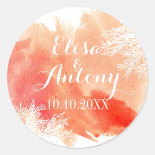 Moderne waterverf koraalrif bruiloft Bewaar datum Ronde Sticker