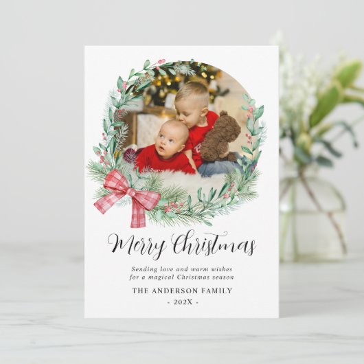 Moderne Waterverf krans boog foto kerst Feestdagenkaart (Staand voorkant)