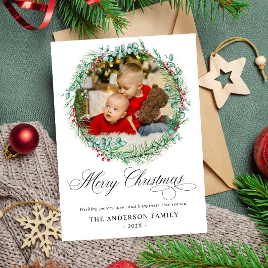 Moderne Waterverf krans boog foto kerst Feestdagenkaart