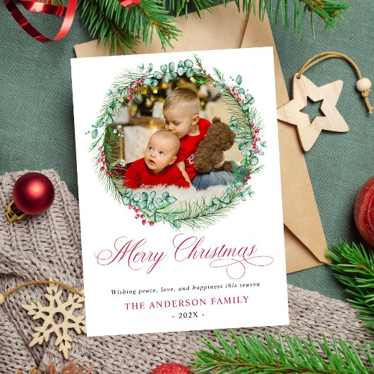 Moderne Waterverf krans boog foto kerst Feestdagenkaart