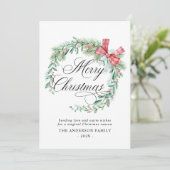 Moderne Waterverf Krans Bow Niet Foto Kerst Feestdagenkaart (Staand voorkant)