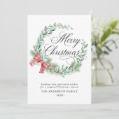 Moderne Waterverf Krans Bow Niet Foto Kerst Feestdagenkaart (Staand voorkant)