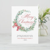 Moderne Waterverf Krans Bow Niet Foto Kerst Feestdagenkaart (Staand voorkant)