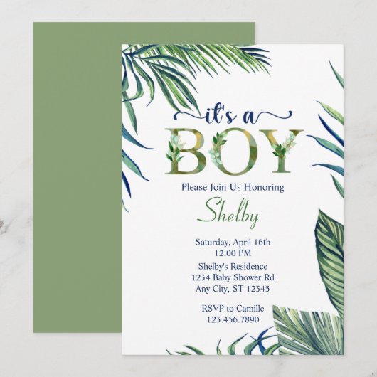 Moderne Waterverf laat het een Baby shower van een Kaart (Voorkant / Achterkant)