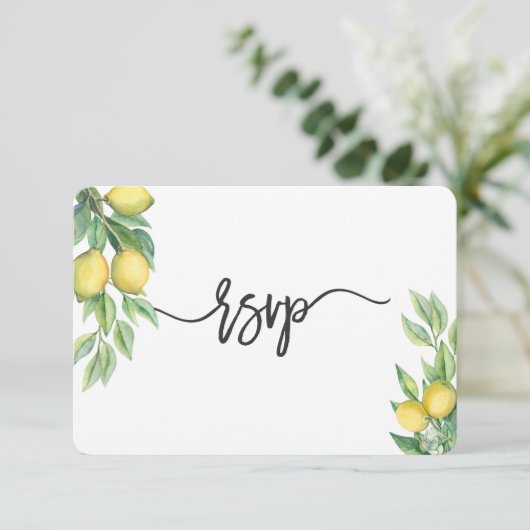 Moderne Waterverf Lemon Tropical Wedding RSVP Kaartje (Staand voorkant)