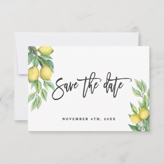 Moderne Waterverf Lemon Wedding Typografie Save The Date (Voorkant)