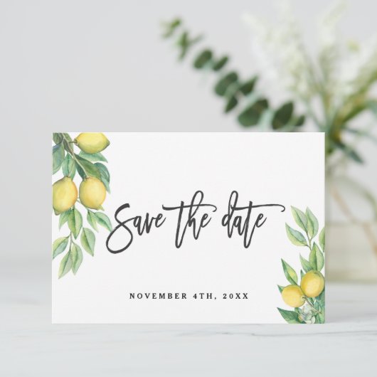 Moderne Waterverf Lemon Wedding Typografie Save The Date (Staand voorkant)