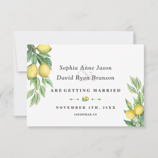 Moderne Waterverf Lemon Wedding Typografie Save The Date (Achterkant)