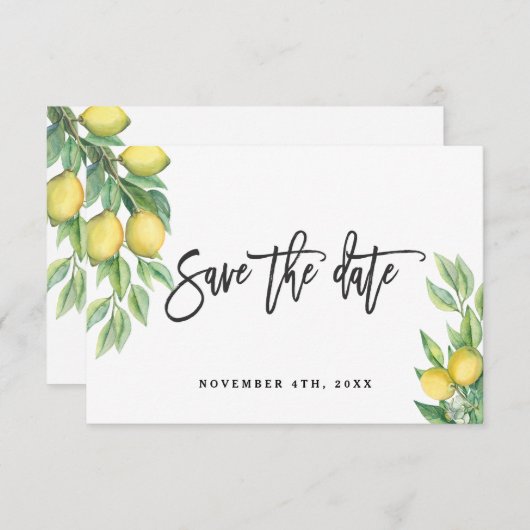 Moderne Waterverf Lemon Wedding Typografie Save The Date (Voorkant / Achterkant)