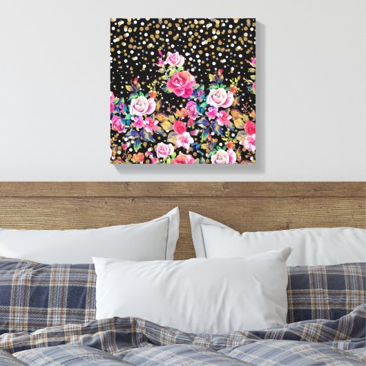 Moderne waterverf lente florale en goudstippen canvas afdruk (Insitu (Slaapkamer))