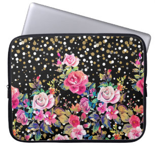 Moderne waterverf lente florale en goudstippen laptop sleeve