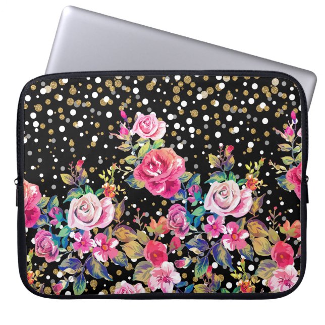 Moderne waterverf lente florale en goudstippen laptop sleeve (Voorkant)