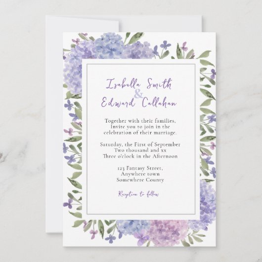 Moderne Waterverf Lila Blue Hydrangeas Wedding Kaart (Voorkant)