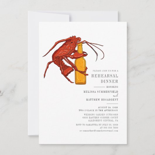 Moderne Waterverf Lobster Seafood Rehearsal Dinner Kaart (Voorkant)