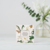 Moderne Waterverf Magnolia Blush en Black Script Vierkante Visitekaartje (Staand voorkant)