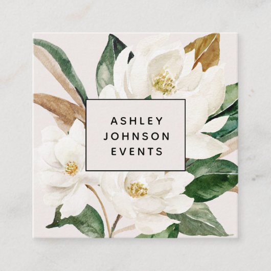 Moderne Waterverf Magnolia Blush en Black Script Vierkante Visitekaartje (Voorkant)