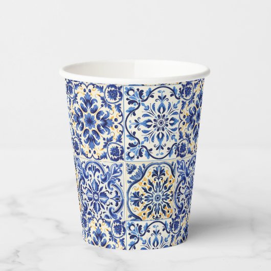Moderne Waterverf mediterrane blauwe Tegels Papieren Bekers (Links)