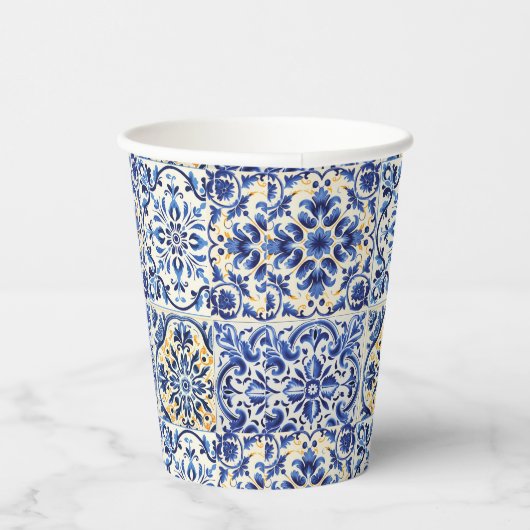 Moderne Waterverf mediterrane blauwe Tegels Papieren Bekers (Rechts)