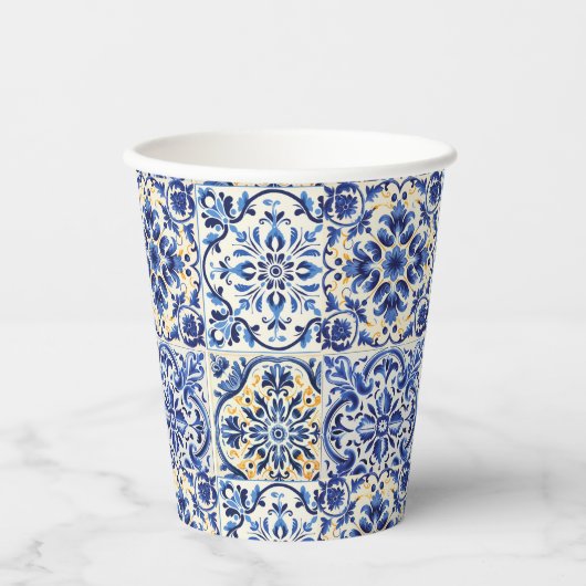 Moderne Waterverf mediterrane blauwe Tegels Papieren Bekers (Voorkant)
