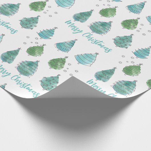 Moderne Waterverf Merry-kerstbomen Cadeaupapier (Hoek)