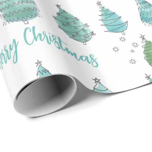Moderne Waterverf Merry-kerstbomen Cadeaupapier (Rol Hoek)