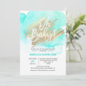 Moderne Waterverf Mint Groen Goud Oh Baby shower Kaart (Staand voorkant)