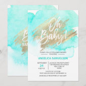 Moderne Waterverf Mint Groen Goud Oh Baby shower Kaart (Voorkant / Achterkant)