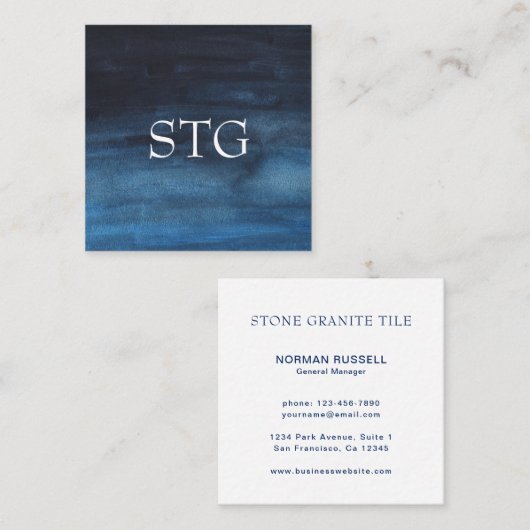 Moderne Waterverf monogram Logo nazeblauw Vierkante Visitekaartje (Voorkant / Achterkant)