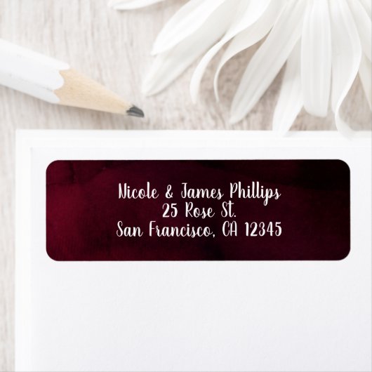 Moderne Waterverf Moody Maroon Burgundy Wedding Etiket (Insitu)