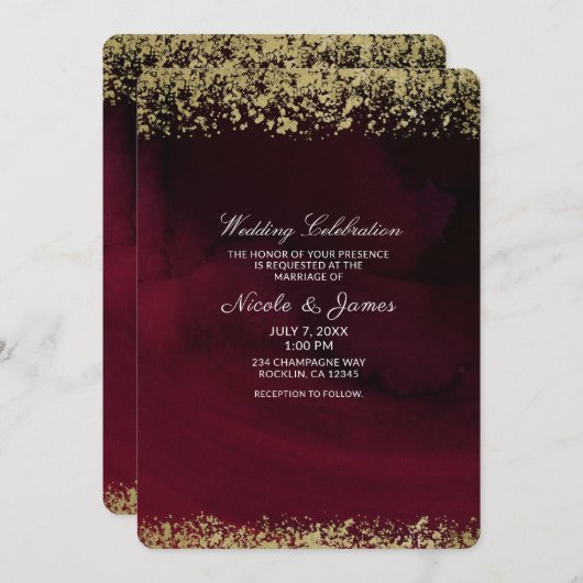 Moderne Waterverf Moody Maroon & Gold Wedding Kaart (Voorkant / Achterkant)
