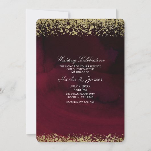 Moderne Waterverf Moody Maroon & Gold Wedding Kaart (Voorkant)