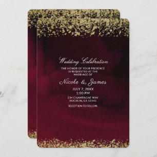 Moderne Waterverf Moody Maroon & Gold Wedding Kaart