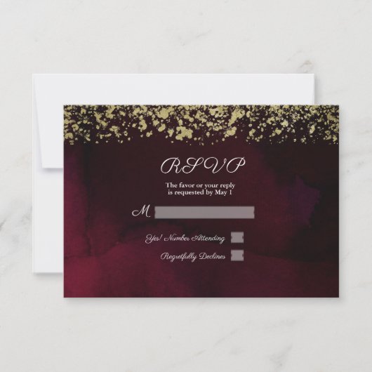 Moderne Waterverf Moody Maroon & Gold Wedding RSVP (Voorkant)