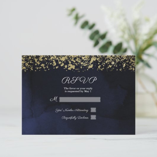 Moderne Waterverf Moody Navy Blue Gold Reply RSVP (Staand voorkant)