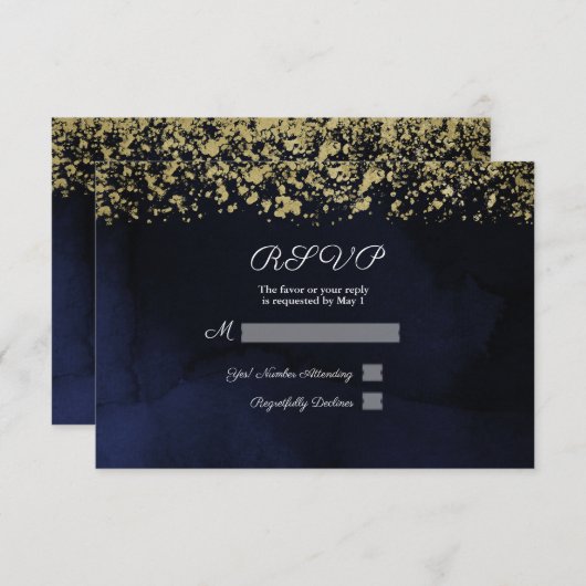 Moderne Waterverf Moody Navy Blue Gold Reply RSVP (Voorkant / Achterkant)