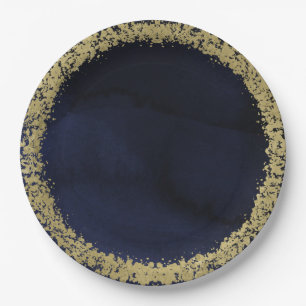 Moderne Waterverf Moody Navy Blue & Gold Wedding Papieren Bordje